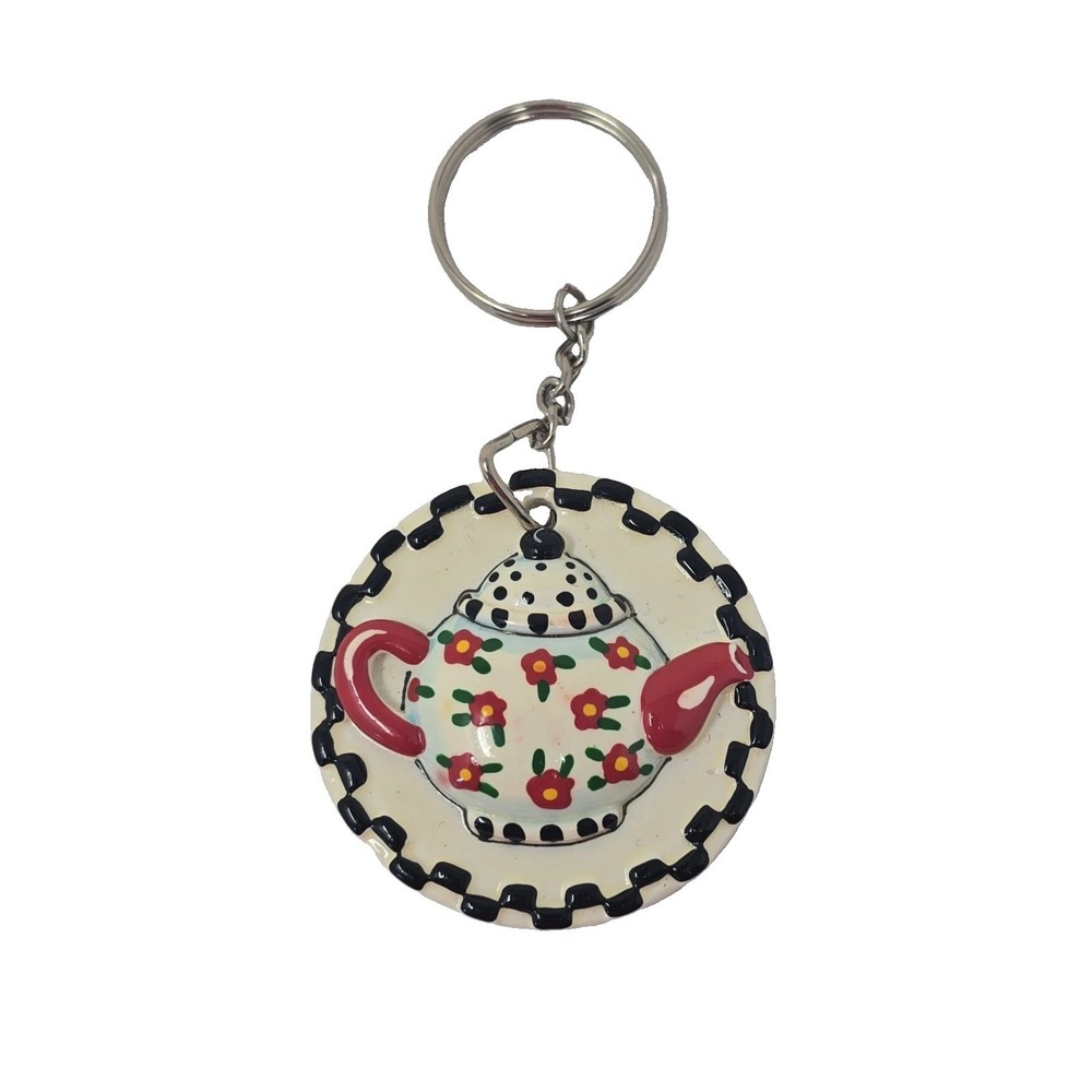 Vintage Mary Engelbreit Mini Teapot Keychain Floral Checkered 1999 6-P